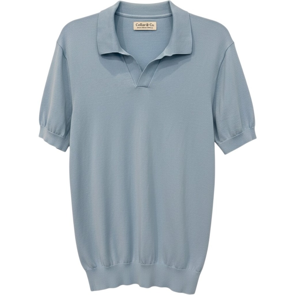 Collars & Co Knit Polo Shirt Large Light Blue Cotton Silk Blend Short Sleeve